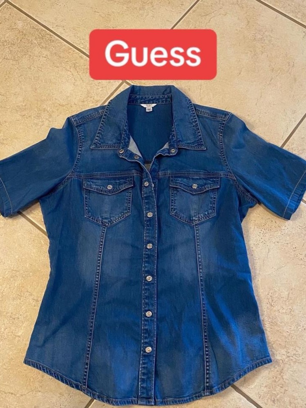 Guess Blue Denim Short Sleeve Button-Up Shirt